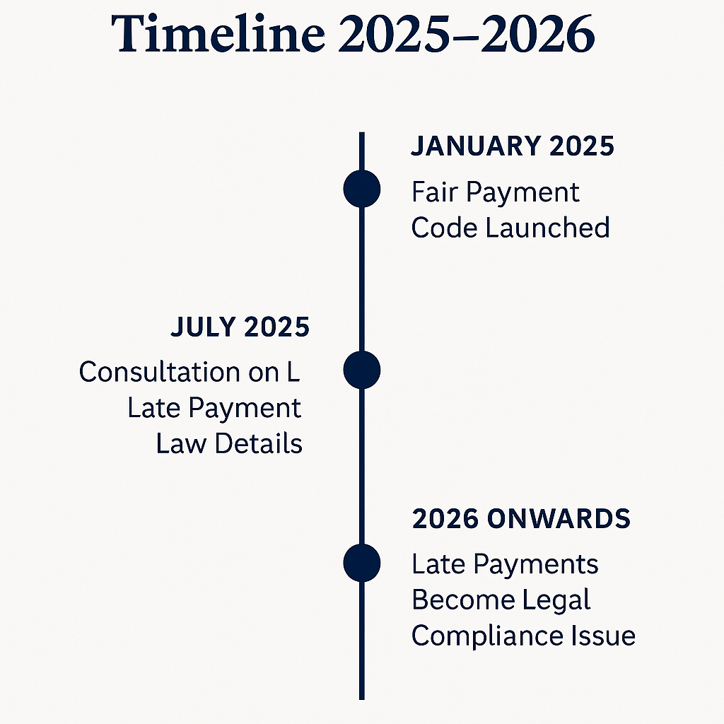 Vertical timeline showing key milestones in the UK late payment law rollout from 2025 to 2026, including the Fair Payment Code launch, consultation phase, and enforcement date when overdue payments become a legal compliance issue.